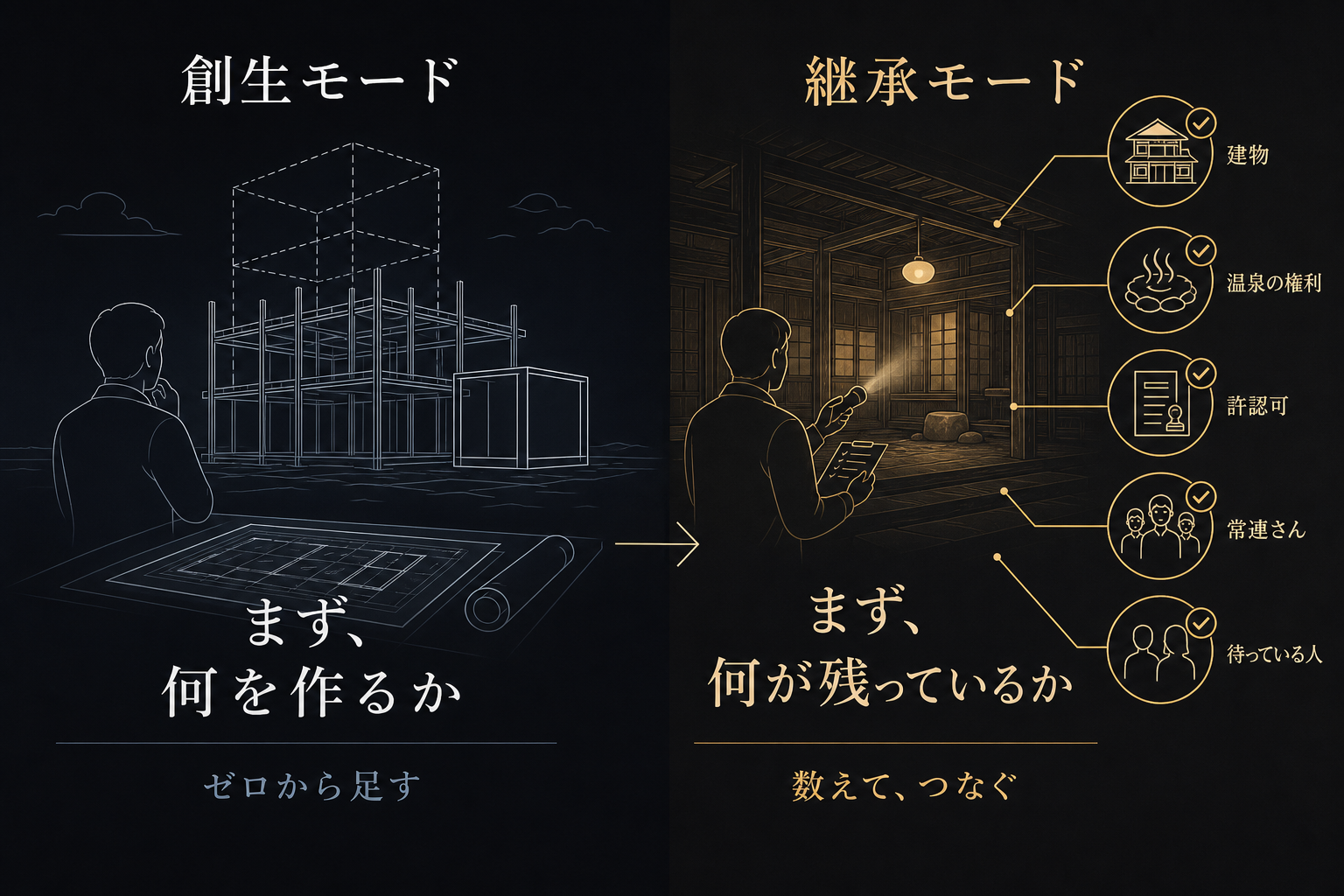 創生モードと継承モードの対比図。左は更地に新しい建物を建てて「まず、何を作るか」から始める発想、右は古い建物のなかにある建物・温泉の権利・許認可・常連さん・待っている人を数えて「まず、何が残っているか」から始める発想