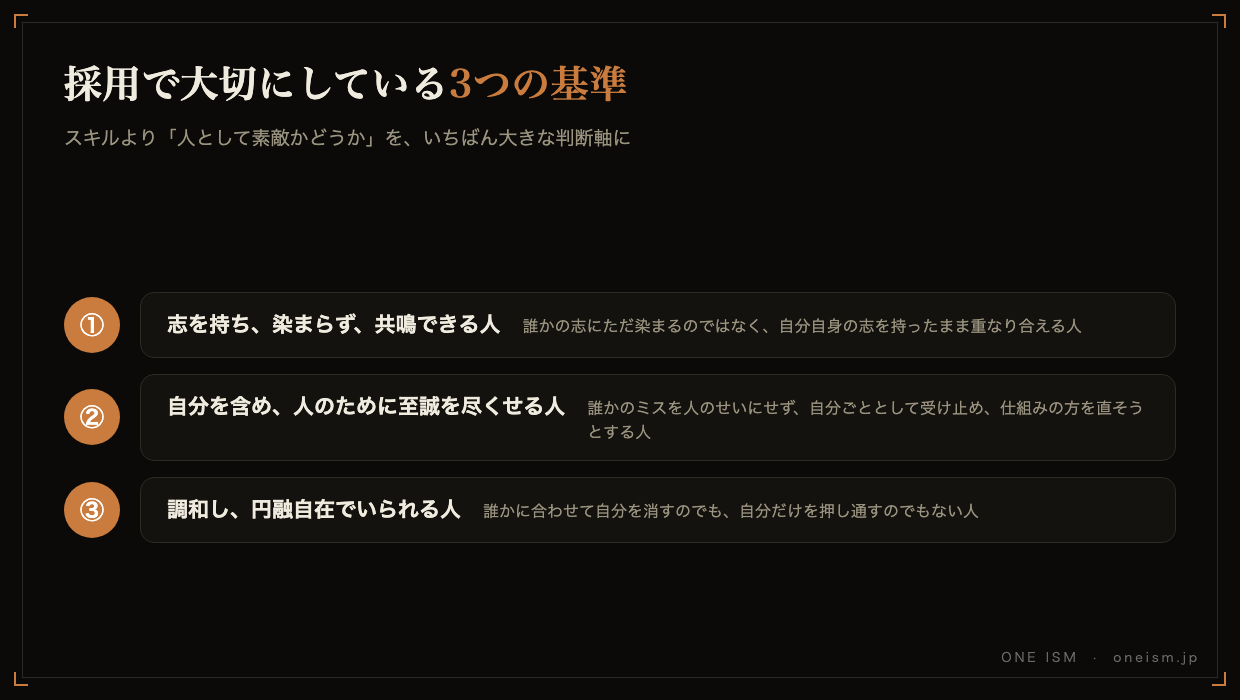 採用で大切にしている3つの基準（志・至誠・円融自在）