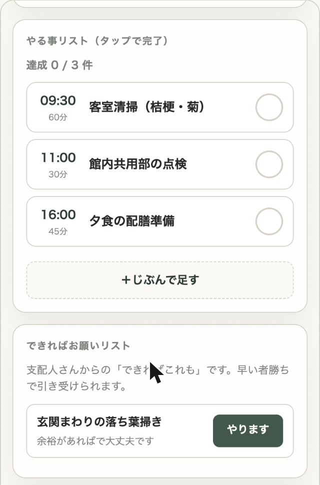 スタッフ個人ページの実際の画面｜その日のやる事リストとお願いリスト